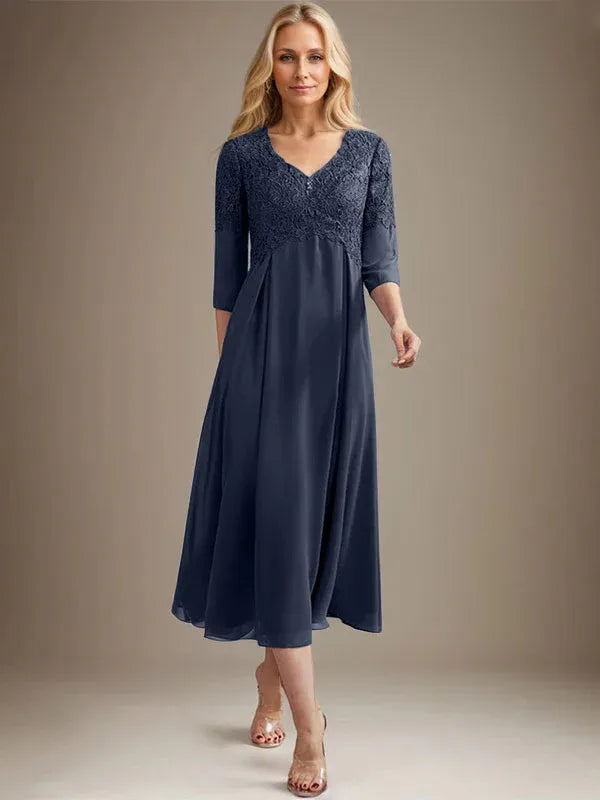 A-Line V-Neck Tea-Length Chiffon Lace Mother of the Bride Dress with Beading