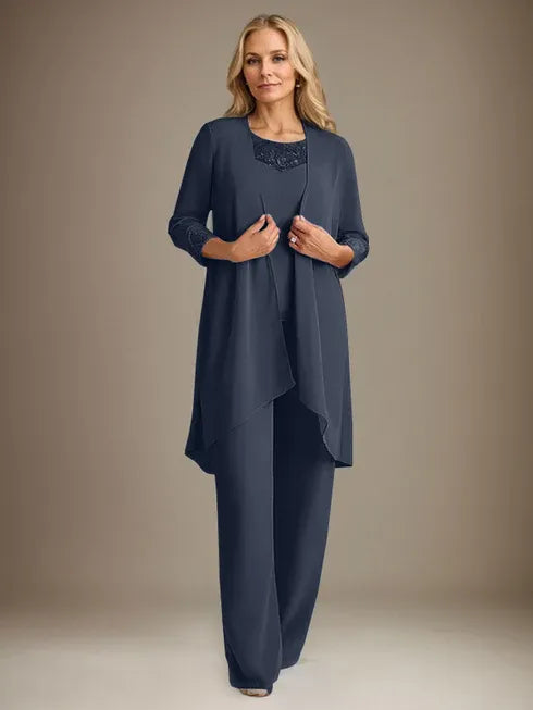 Chiffon Scoop Neck Long Sleeve Mother of the Bride Pantsuit with Jacket