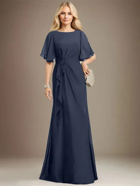 A-Line Scoop Floor-Length Chiffon Mother of the Bride Dress with Cascading Ruffles, Beading, and Sequins