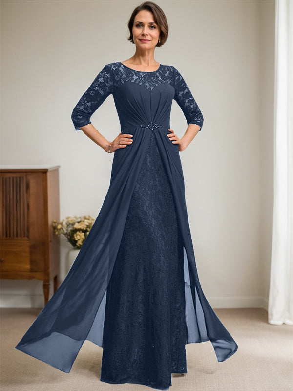A-Line Scoop Neck Illusion Floor-Length Lace Chiffon Mother of the Bride Dress with Beaded Ruffles