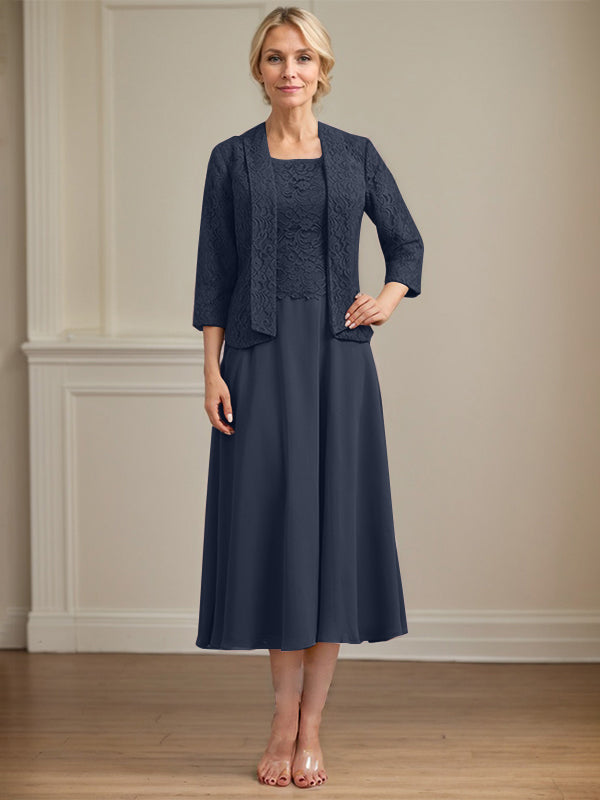 A-Line Scoop Neck Tea-Length Lace Chiffon Mother of the Bride Dress
