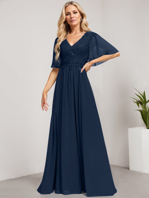A-Line V-Neck Floor-Length Lace Chiffon Mother of the Bride Dress with Sequins