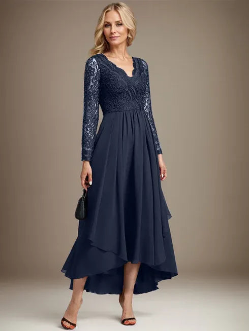 A-Line V-Neck Asymmetrical Lace Chiffon Mother of the Bride Dress
