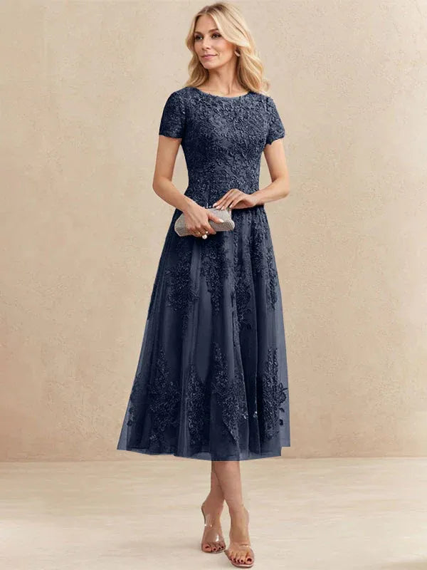 A-Line Scoop Neck Tea-Length Tulle Lace Mother of the Bride Dress
