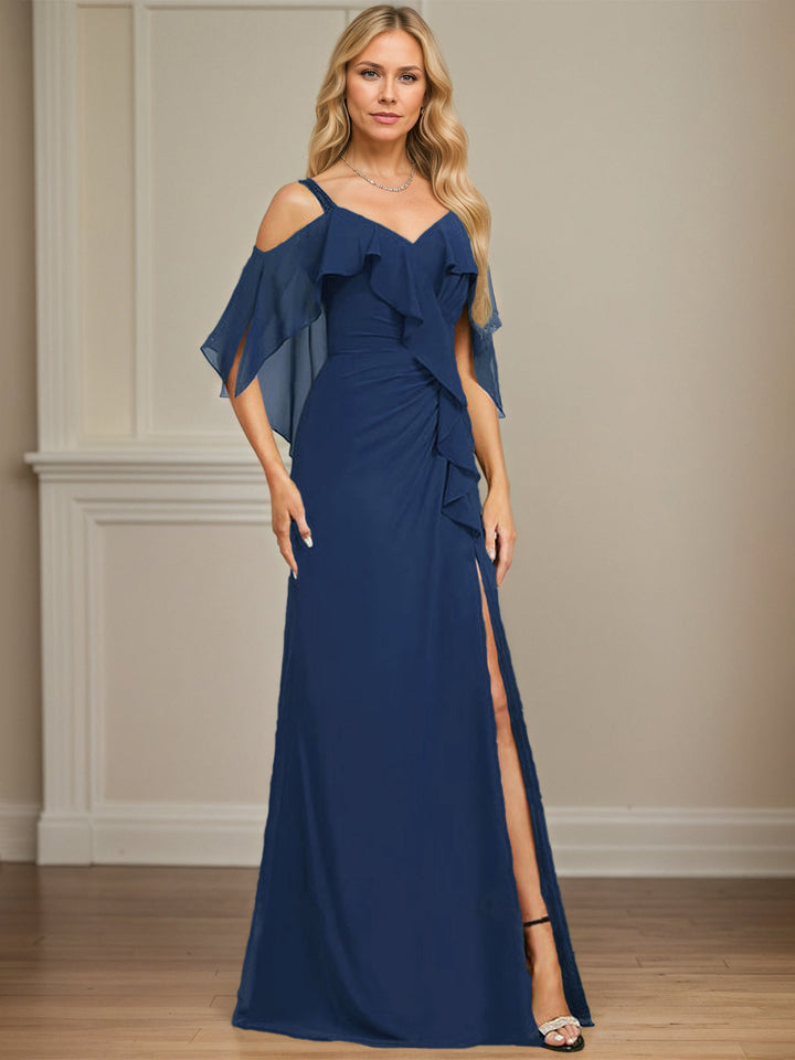Sheath/Column Cold Shoulder V-Neck Floor-Length Chiffon Dress with Cascading Ruffles, Sequins, and Beading