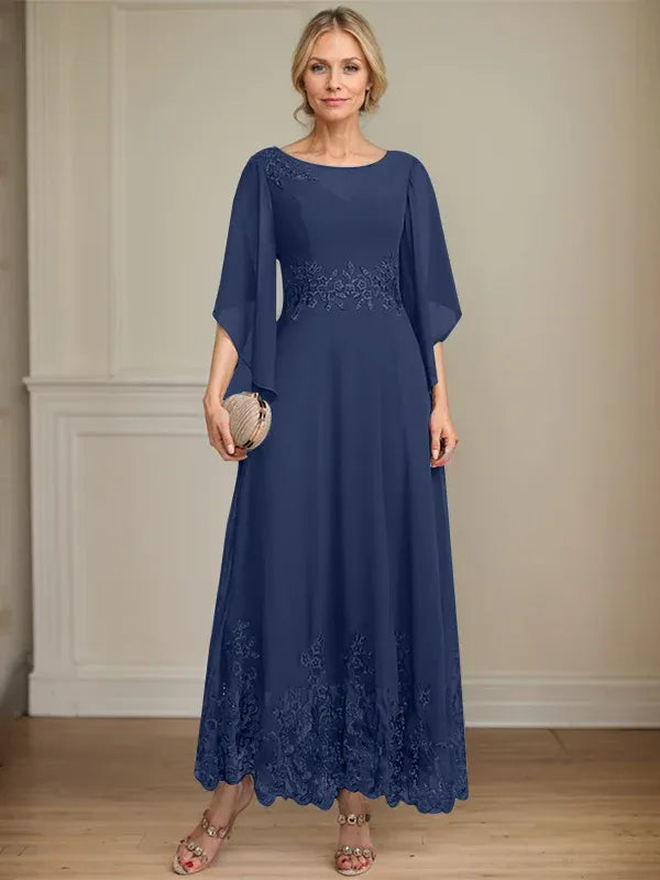 A-Line Scoop Neck Illusion Lace Chiffon Mother of the Bride Dress with Sequins and Ankle-Length Hem