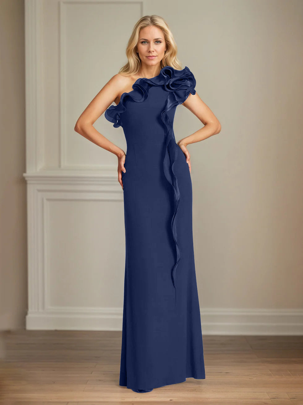 Navy Stretch Crepe One-Shoulder Sheath Dress with Ruffles – Floor-Length Mother of the Bride Gown