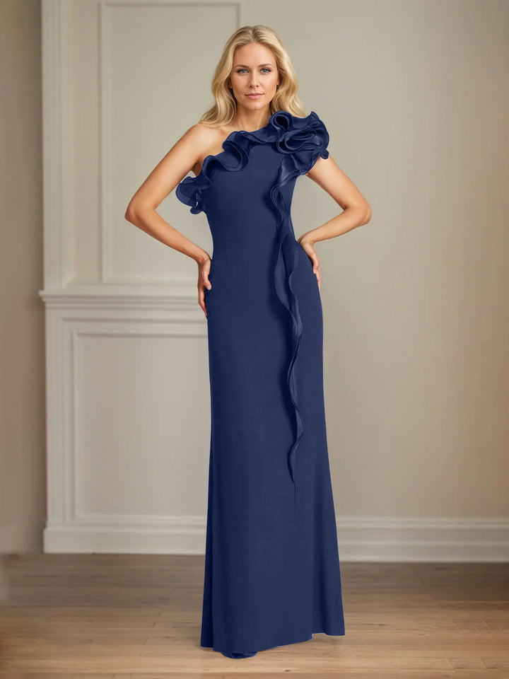 Navy Stretch Crepe One-Shoulder Sheath Dress with Ruffles – Floor-Length Mother of the Bride Gown
