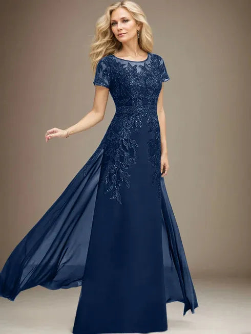 Floor-Length Lace Chiffon Mother of the Bride Dress with Sheath/Column Scoop Illusion and Sequins