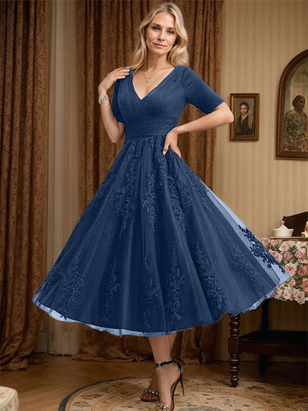 A-Line V-Neck Tea-Length Tulle Lace Mother of the Bride Dress with Pleats