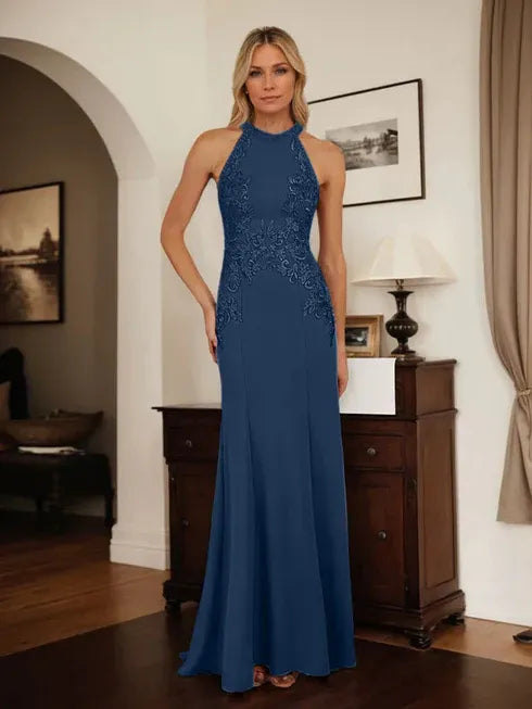 Dusty Blue Sheath Halter Mother of the Bride Dress with Appliqué Details