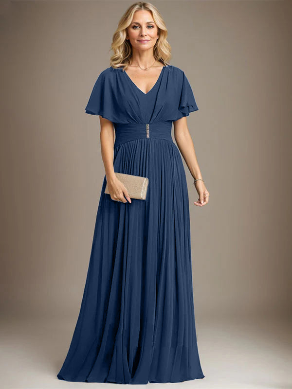 A-Line V-Neck Floor-Length Chiffon Mother of the Bride Dress with Crystal Brooch and Pleated Design