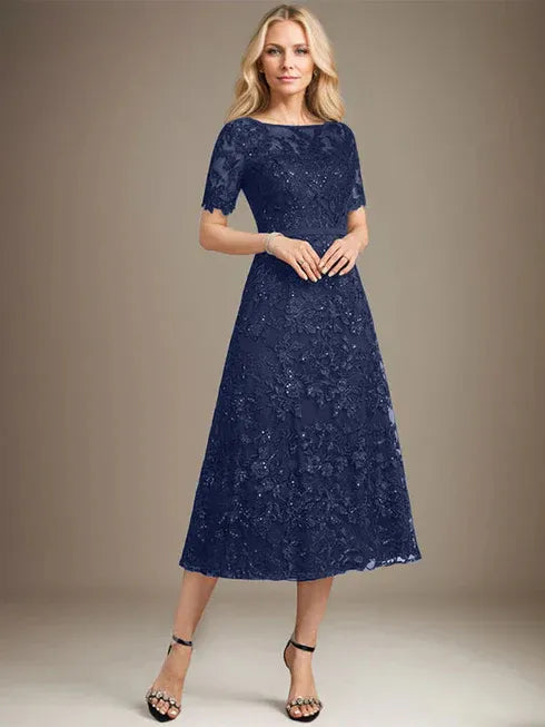 A-Line Scoop Neck Illusion Tea-Length Lace Mother of the Bride Dress with Sequins