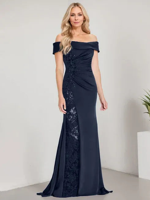 A-Line Off-the-Shoulder Floor-Length Mother of the Bride Dress with Appliqué Beadings and Mermaid Silhouette Featuring a High Split