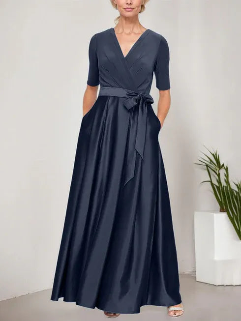 Surplice Neckline Ballgown with Full Satin Skirt and Jersey Bodice