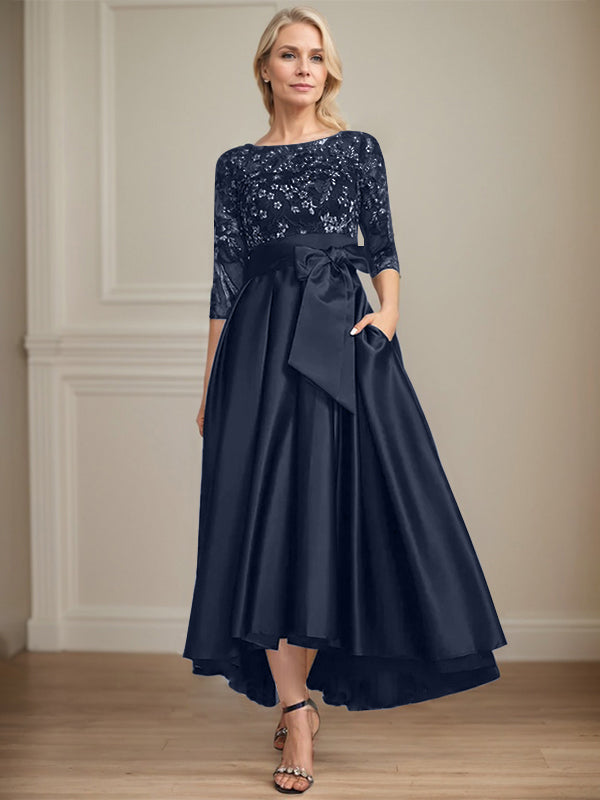 A-Line Scoop Neck Illusion Asymmetrical Satin Lace Mother of the Bride Dress with Bow