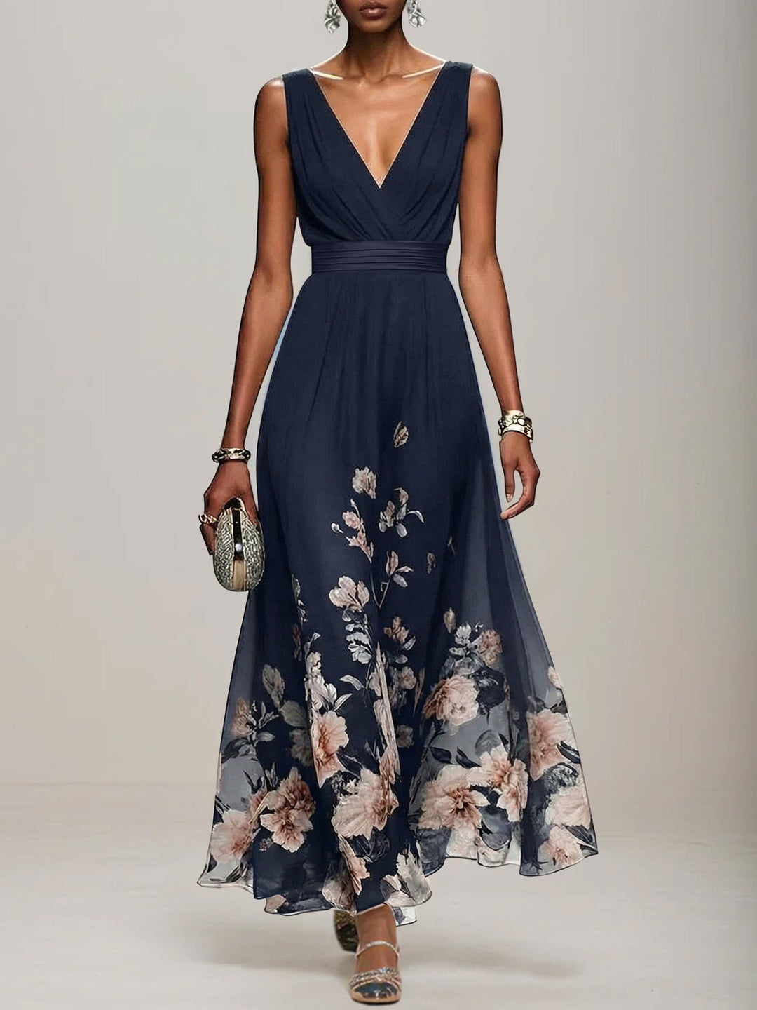 Light Blue Floral Chiffon V-Neck Sleeveless A-Line Maxi Dress