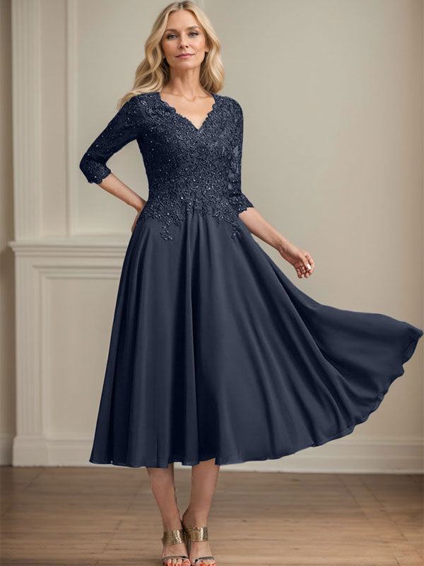 A-Line V-Neck Tea-Length Chiffon and Lace Mother of the Bride Dress with Beading and Sequins