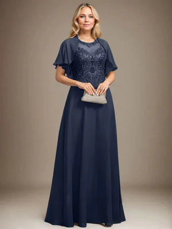 A-Line Scoop Neck Illusion Floor-Length Lace Chiffon Mother of the Bride Dress with Sequins