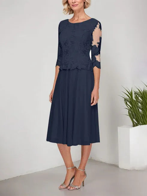 A-Line Scoop Neck Tea-Length Lace Chiffon Mother of the Bride Dress with Embroidery