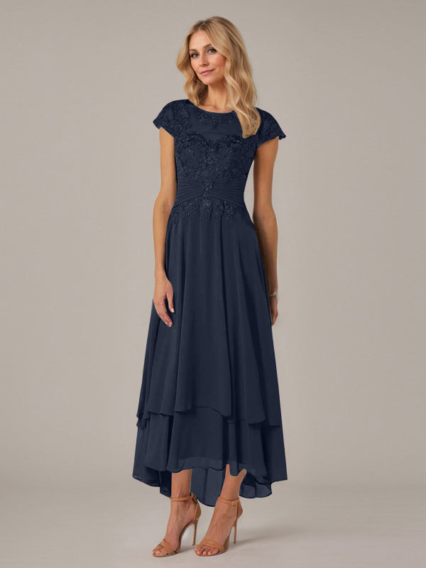 A-Line Boat Neck Illusion Asymmetrical Chiffon Lace Mother of the Bride Dress with Applique and Pleats
