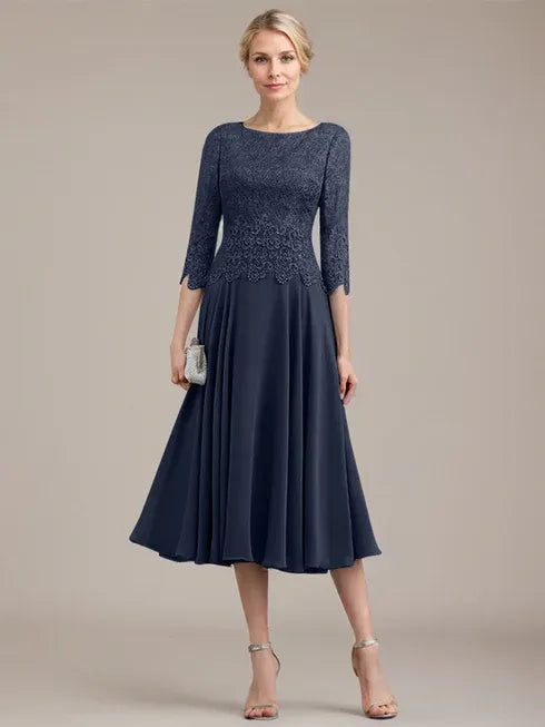 A-Line Scoop Neck Tea-Length Lace Chiffon Mother of the Bride Dress