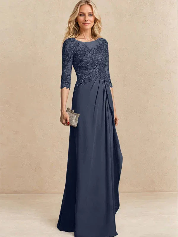 A-Line Scoop Illusion Floor-Length Chiffon and Lace Mother of the Bride Dress with Beading, Sequins, and Cascading Ruffles