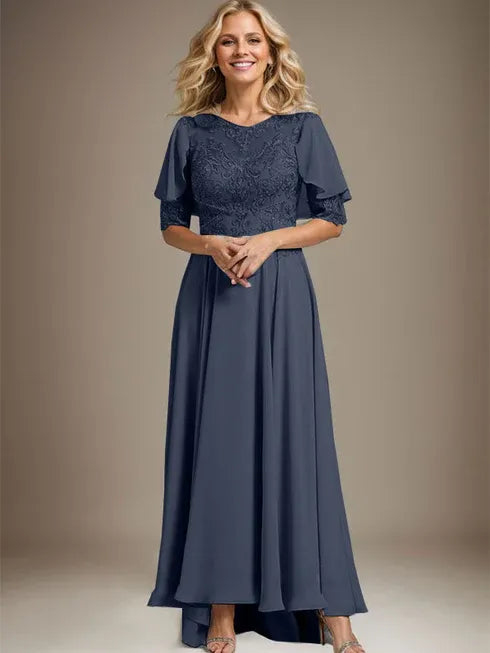 A-Line Scoop Neck Illusion Asymmetrical Chiffon and Lace Mother of the Bride Dress with Beading