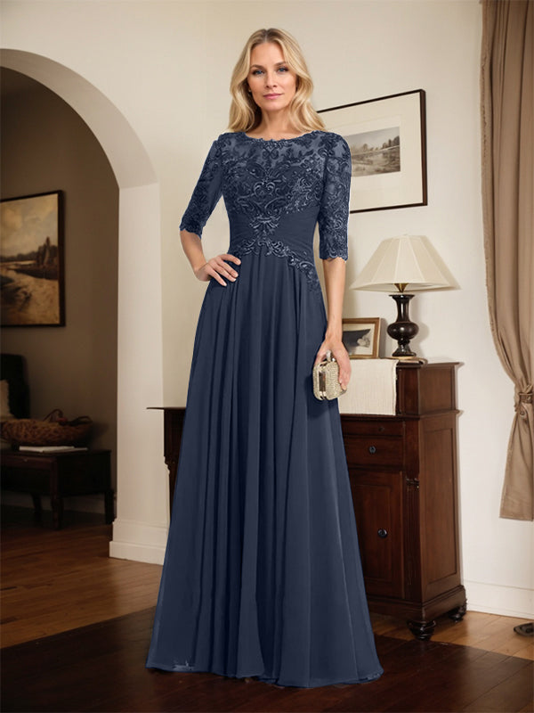 A-Line Scoop Neck Illusion Floor-Length Chiffon and Lace Mother of the Bride Dress with Pleated Sequins