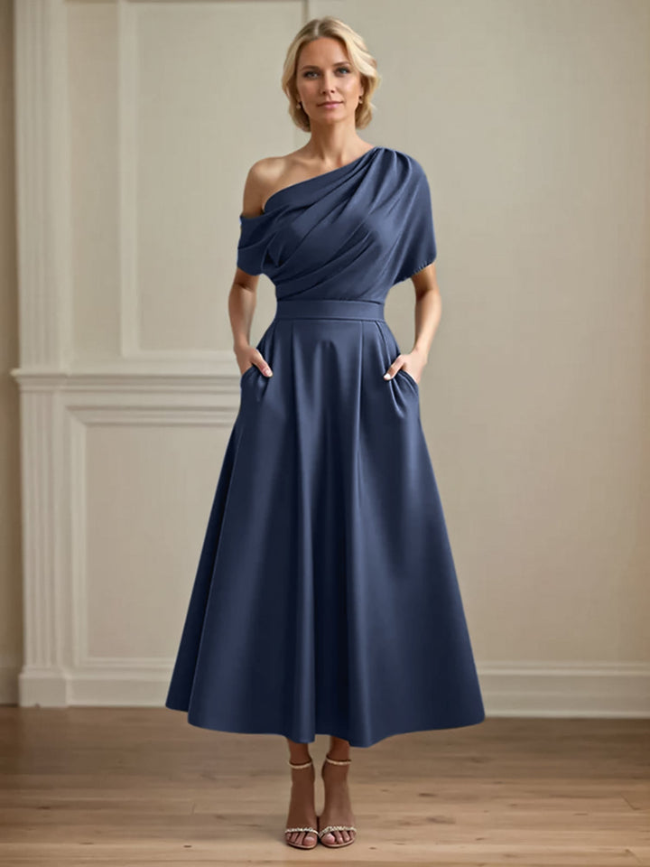 One-Shoulder Satin A-Line Pleated Ankle-Length Mother of the Bride Dress