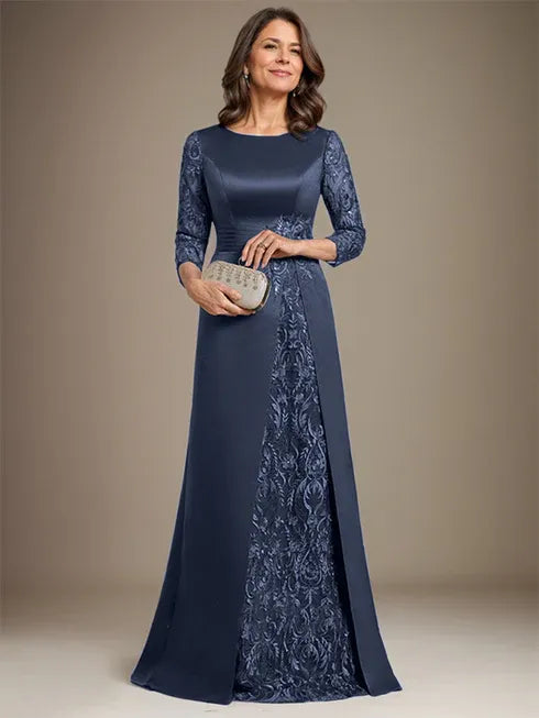 Floor-Length A-Line Lace Satin Mother of the Bride Dress with Scoop Neck and Applique