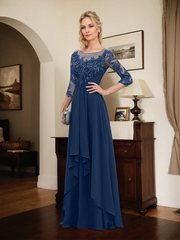 A-Line Scoop Neck Illusion Floor-Length Lace Chiffon Mother of the Bride Dress with Cascading Ruffles