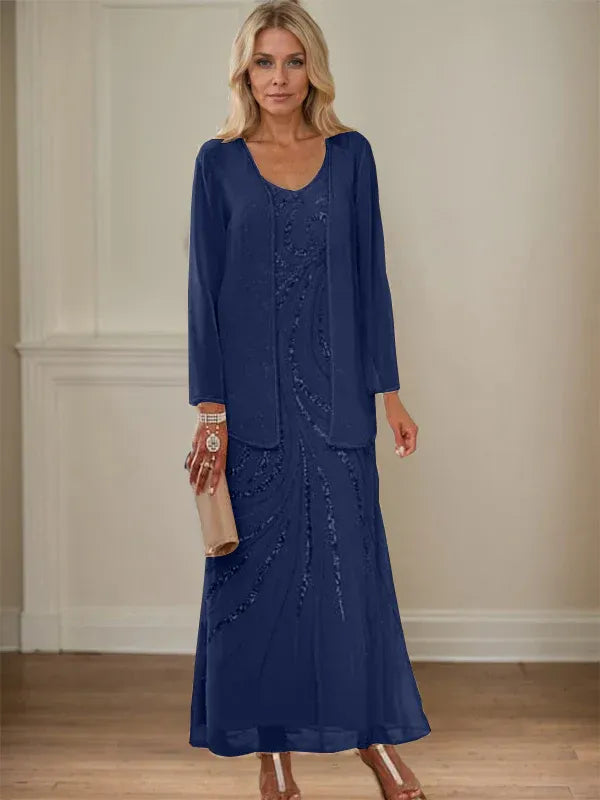 V-Neck Sheath/Mother of the Bride Ankle-Length Dress with Jacket & Sequins