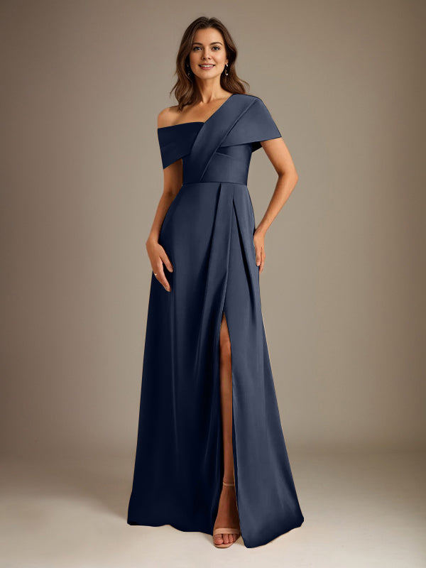 A-Line Satin Mother of the Bride Dress with Asymmetrical Neckline, Floor-Length, and Pleated Design