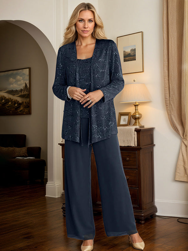 Chiffon Mother of the Bride Pantsuits with Jacket & Sequins