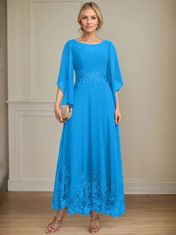 A-Line Scoop Neck Illusion Lace Chiffon Mother of the Bride Dress with Sequins and Ankle-Length Hem