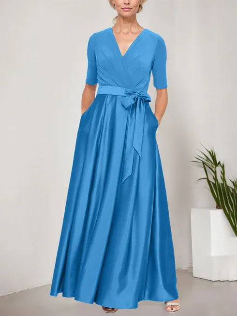 Surplice Neckline Ballgown with Full Satin Skirt and Jersey Bodice