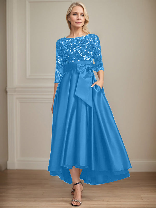 A-Line Scoop Neck Illusion Asymmetrical Satin Lace Mother of the Bride Dress with Bow