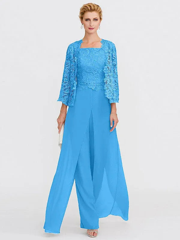 3-Piece Chiffon Square Neck Mother of the Bride Pantsuit Set with Jacket