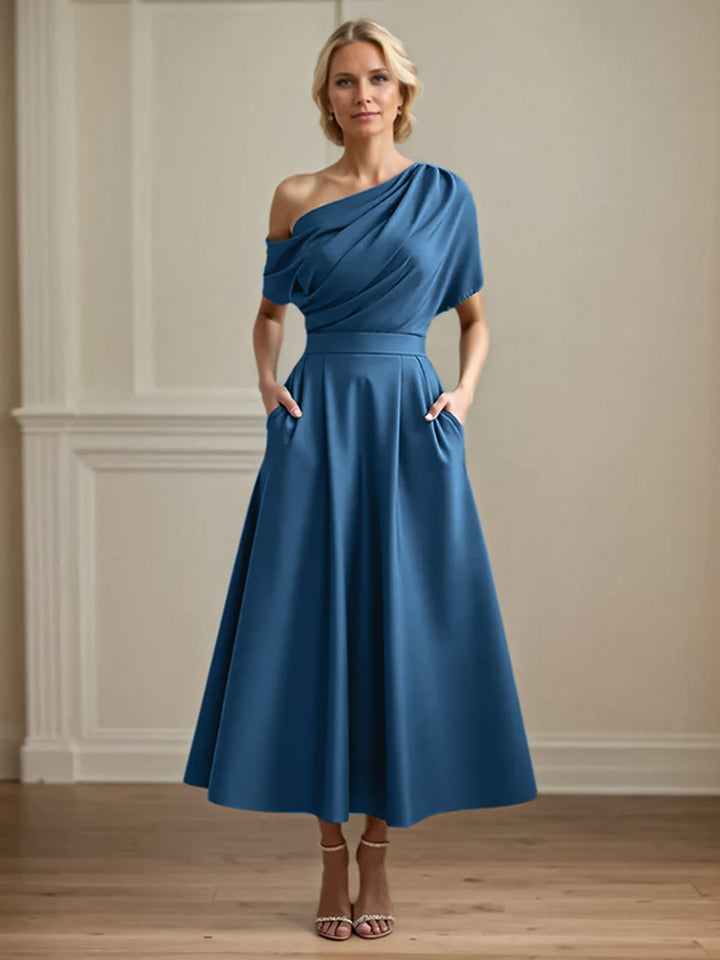 One-Shoulder Satin A-Line Pleated Ankle-Length Mother of the Bride Dress