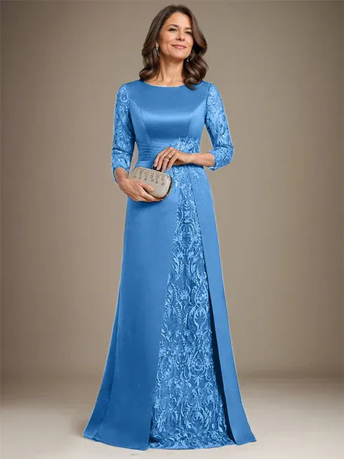 Floor-Length A-Line Lace Satin Mother of the Bride Dress with Scoop Neck and Applique