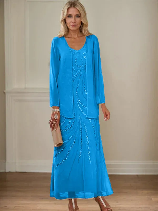 V-Neck Sheath/Mother of the Bride Ankle-Length Dress with Jacket & Sequins