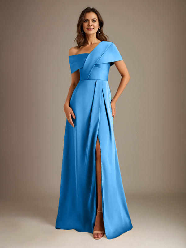 A-Line Satin Mother of the Bride Dress with Asymmetrical Neckline, Floor-Length, and Pleated Design
