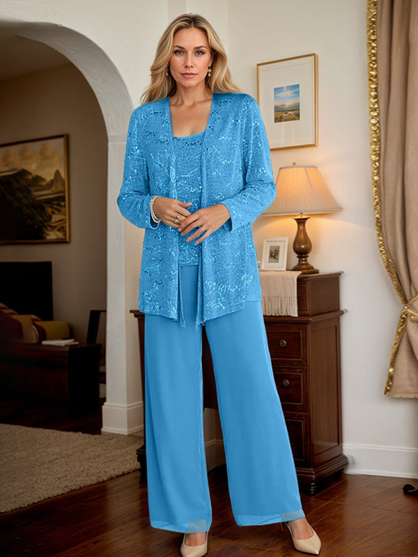 Chiffon Mother of the Bride Pantsuit Set with Jacket and Sequins