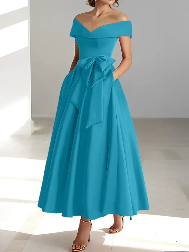 A-Line Off-the-Shoulder Sleeveless Ankle-Length Mother of the Bride Dress with Pockets