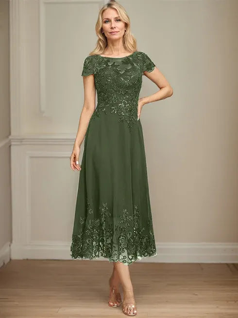 A-Line Illusion Scoop Tea-Length Lace Chiffon Mother of the Bride Dress with Sequins
