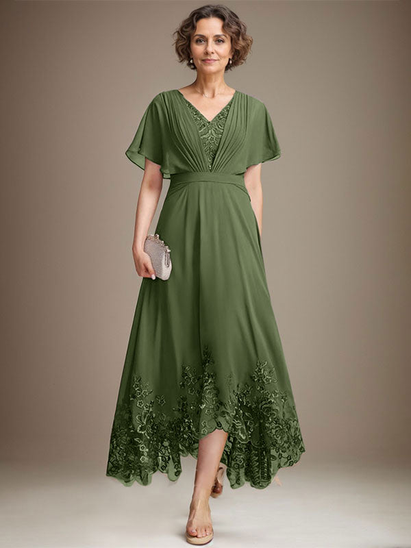 A-Line V-Neck Asymmetrical Lace Chiffon Mother of the Bride Dress with Pleats