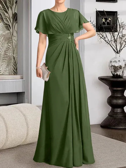 A-Line Scoop Neck Floor-Length Chiffon Mother of the Bride Dress with Pleated Beading