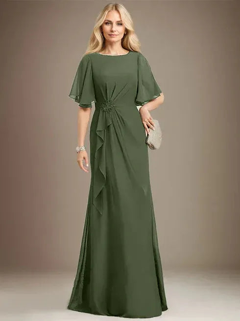 A-Line Scoop Floor-Length Chiffon Mother of the Bride Dress with Cascading Ruffles, Beading, and Sequins