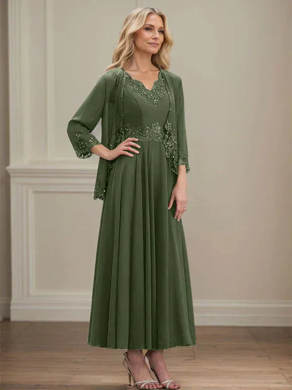 A-Line V-Neck Chiffon Mother of the Bride Dress with Sequins, Appliques, Lace, and Beading at Ankle Length